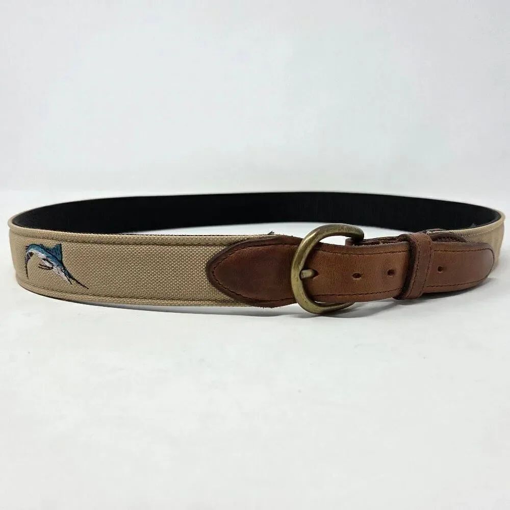 BATES WEB LEATHER BELT BROWN KHAKI HEAVY DUTY BRASS MARLIN FISHING MENS SIZE 36
